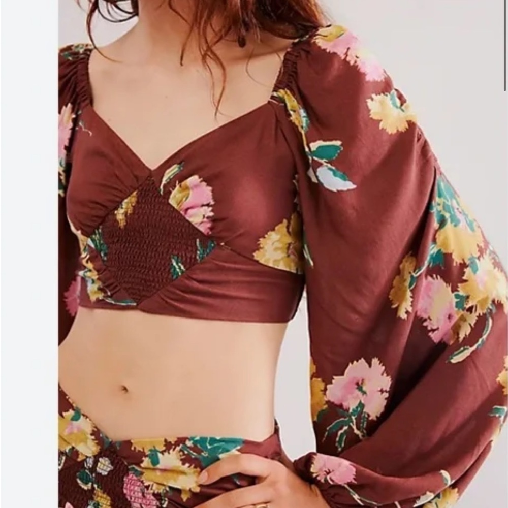 New Free People Dust Til Dawn Boho Brown Floral Long Sleeve Shorts Set Whimsy XS - Picture 4 of 16